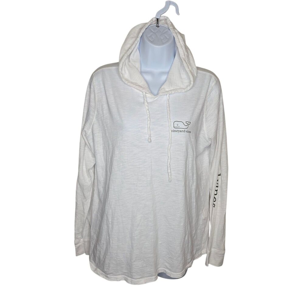 Vineyard Vines White Cotton Slub Classic Whale Long Sleeve Hoodie Tee Medium